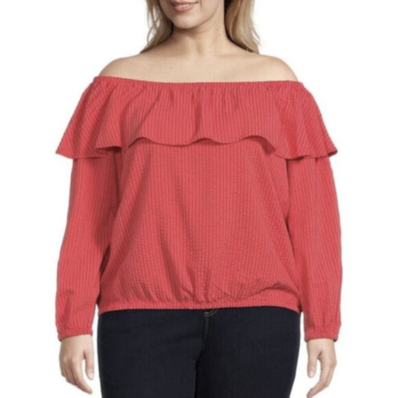 NWT MICHAEL Michael Kors Seersucker Off Shoulder Peasant Top in Sangria - Picture 1 of 3